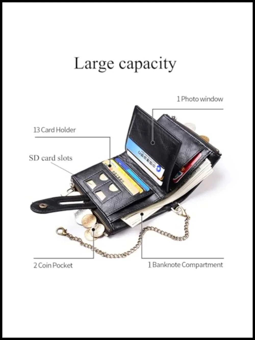Mens Wallet with Chain RFID Blocking Faux Leather Bifold Purse Anti-Theft 14